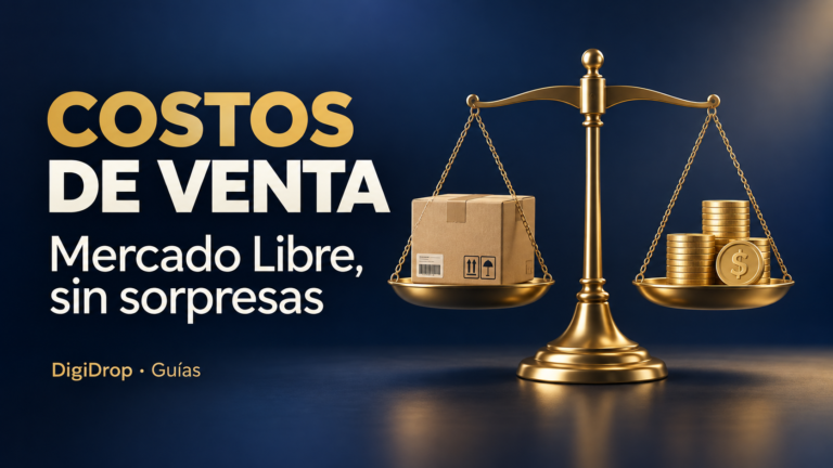 Costos de vender en Mercado Libre: qué revisar antes de publicar — portada editorial ilustrativa de DigiDrop, azul y dorado.