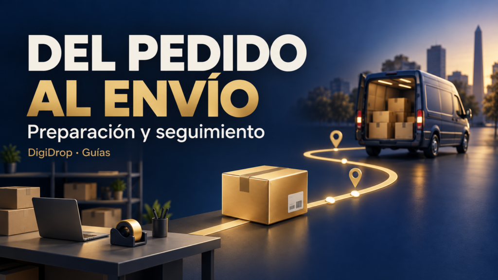 Del pedido al envío en Mercado Libre: etiquetas, preparación y seguimiento — portada editorial ilustrativa de DigiDrop, azul y dorado.