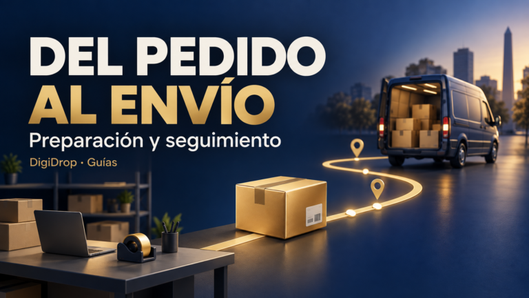 Del pedido al envío en Mercado Libre: etiquetas, preparación y seguimiento — portada editorial ilustrativa de DigiDrop, azul y dorado.