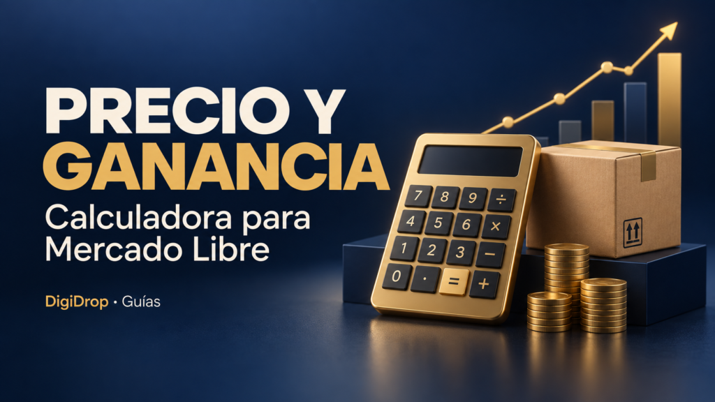 Cómo calcular tu precio de venta en Mercado Libre sin confundir margen y recargo — portada editorial ilustrativa de DigiDrop, azul y dorado.