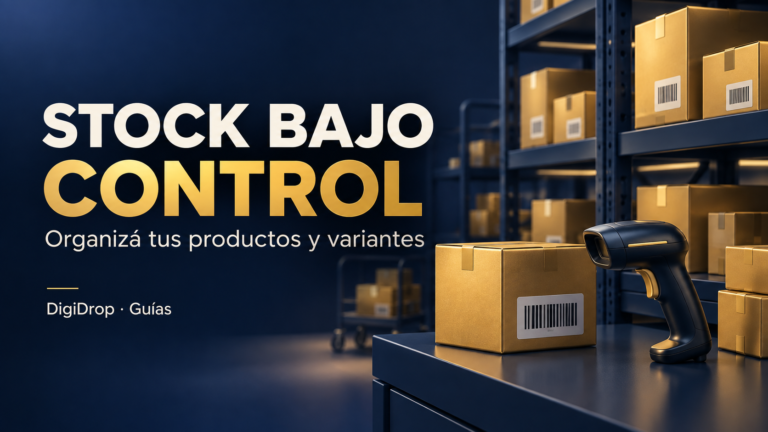 Stock y variantes en Mercado Libre: cómo organizarte con varios proveedores — portada editorial ilustrativa de DigiDrop, azul y dorado.