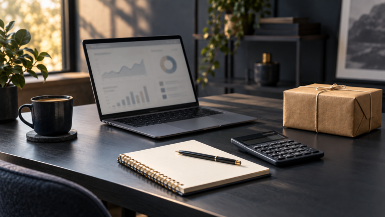 Escena ilustrativa de planificación de ventas con computadora, calculadora y paquete.